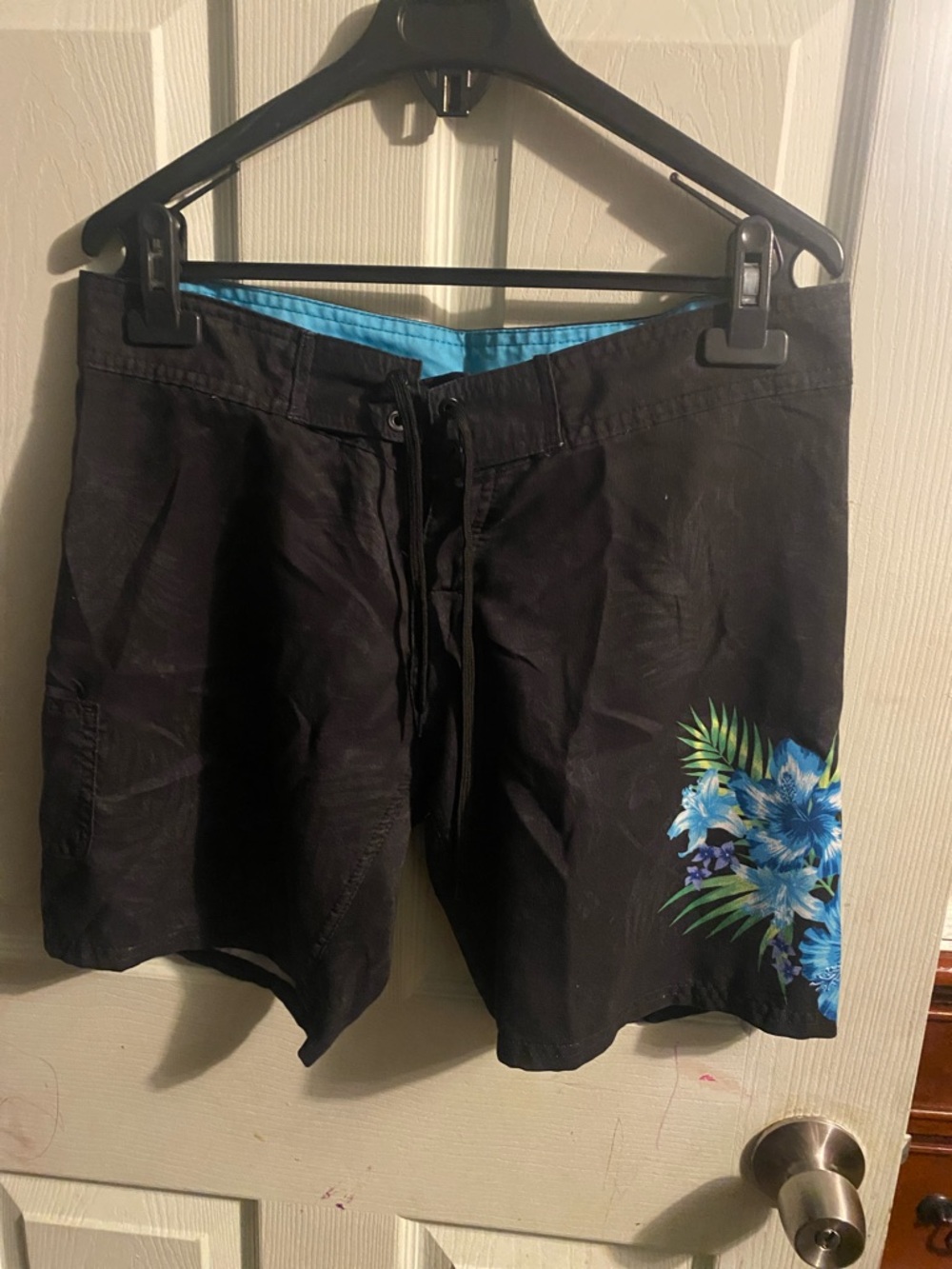 burnside Black Swim Board Shorts with Blue Floral Accent